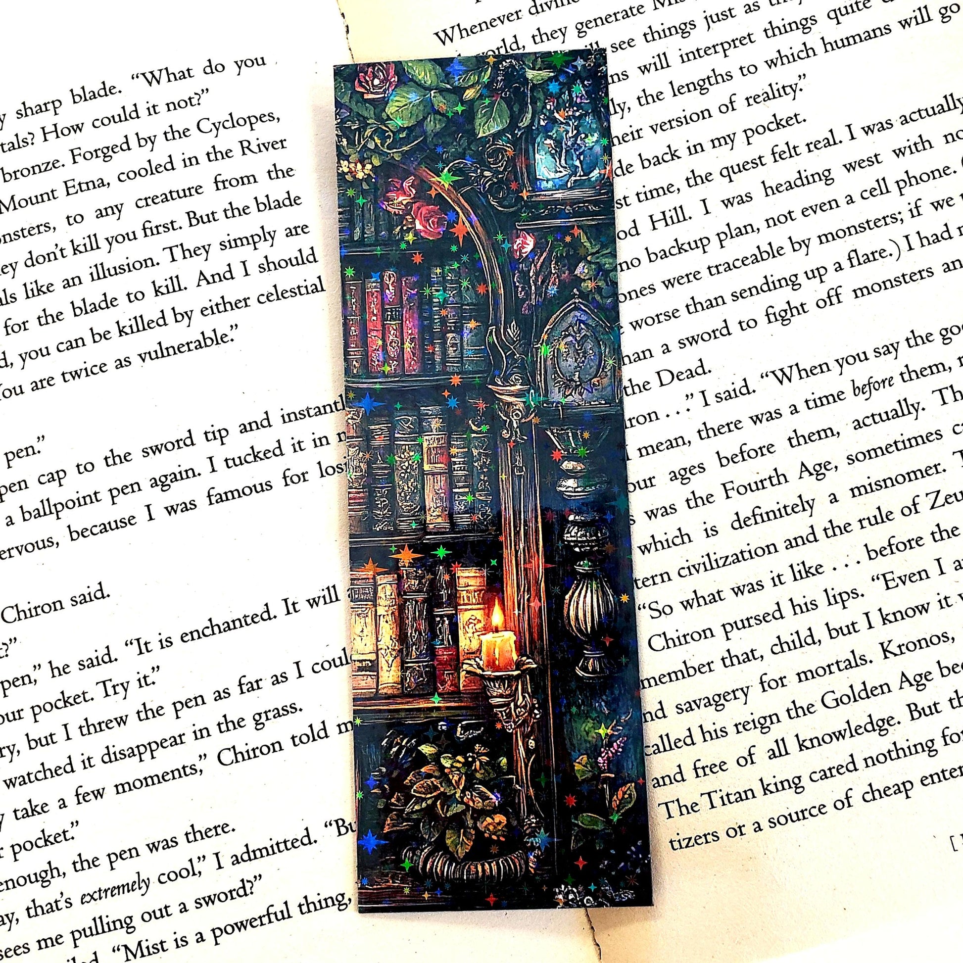 Enchanted Library Bookmarks, set of 3 laminated gothic bookmarks with mystical bookshelf design, bookish gift for avid readers.