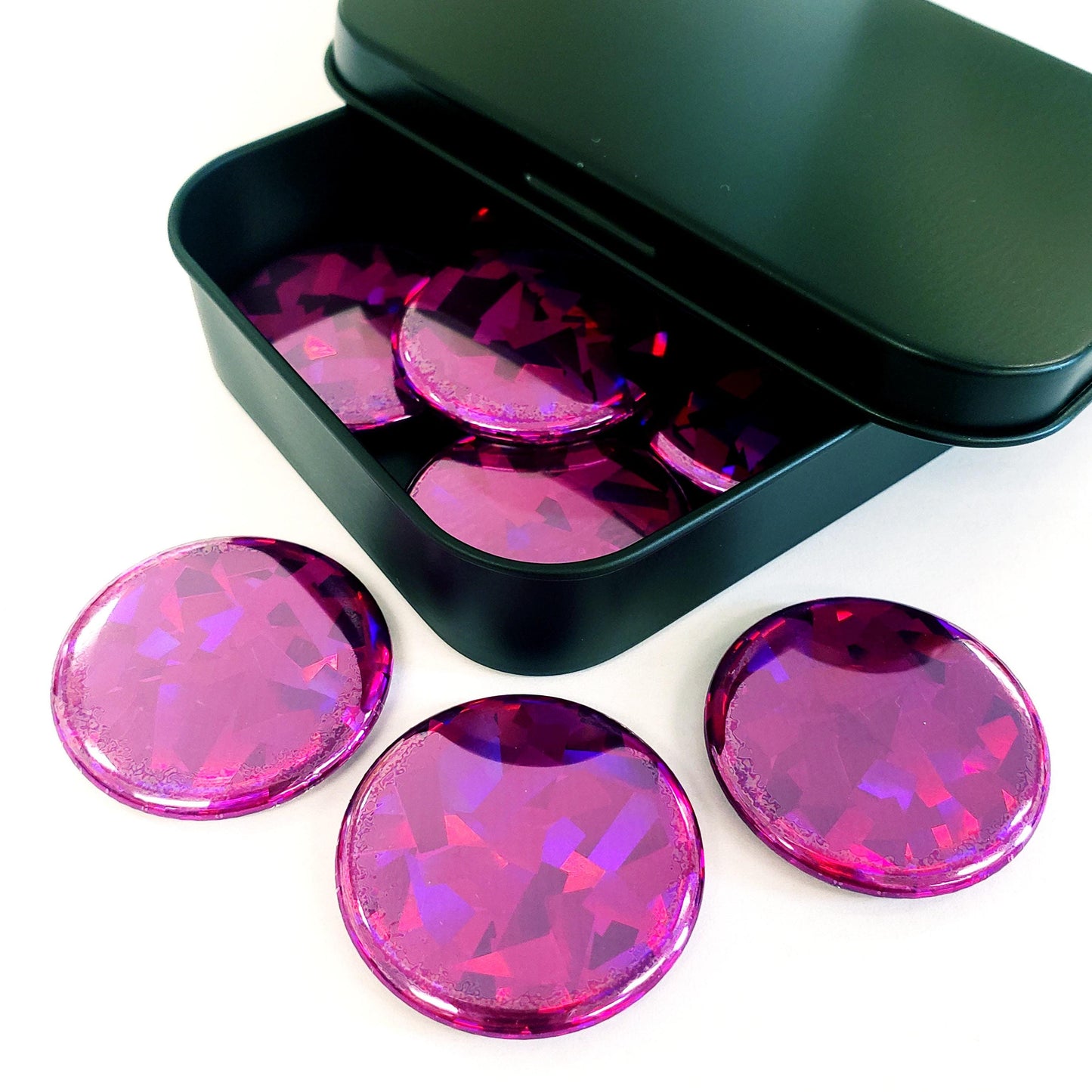 Set of 6 Hot Pink Round Button Fridge Magnet Set, black metal gift tin included