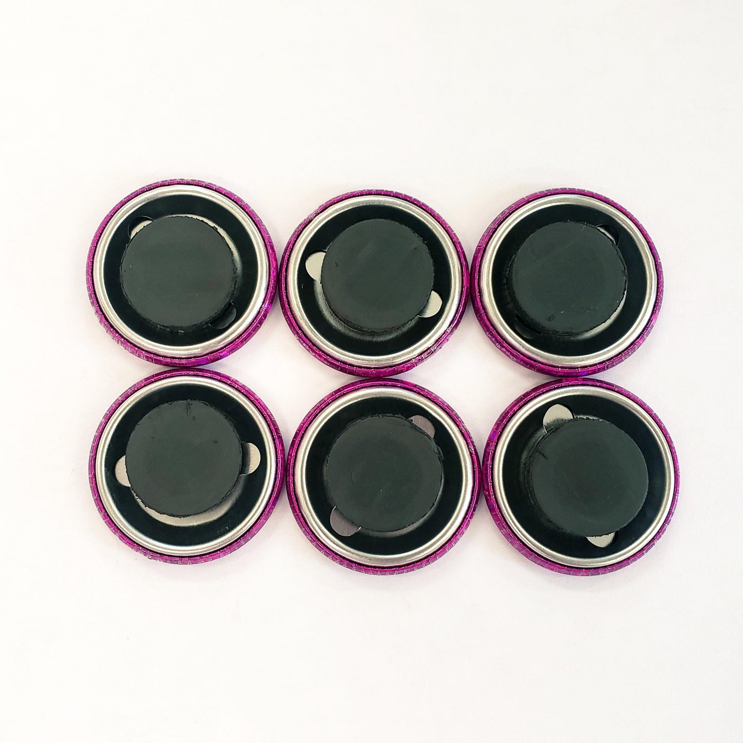 Set of 6 Hot Pink Round Button Fridge Magnet Set, black metal gift tin included