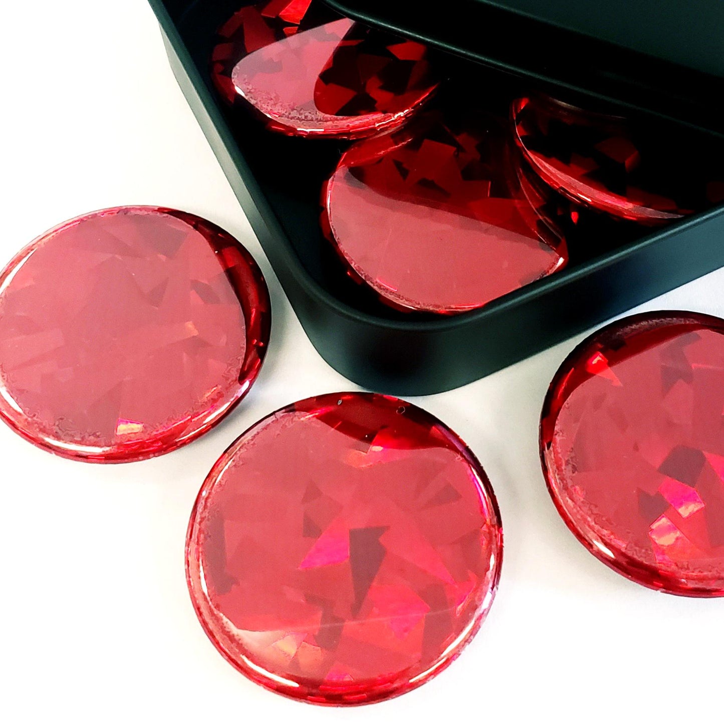 Set of 6 Red Round Button Fridge Magnet Set, black metal gift tin included