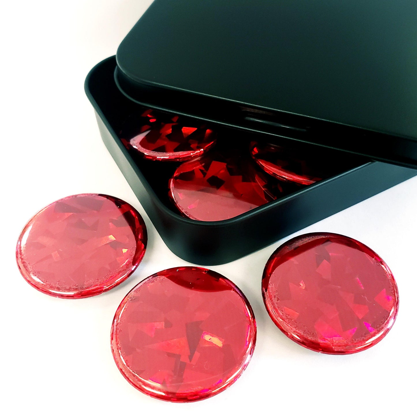 Set of 6 Red Round Button Fridge Magnet Set, black metal gift tin included