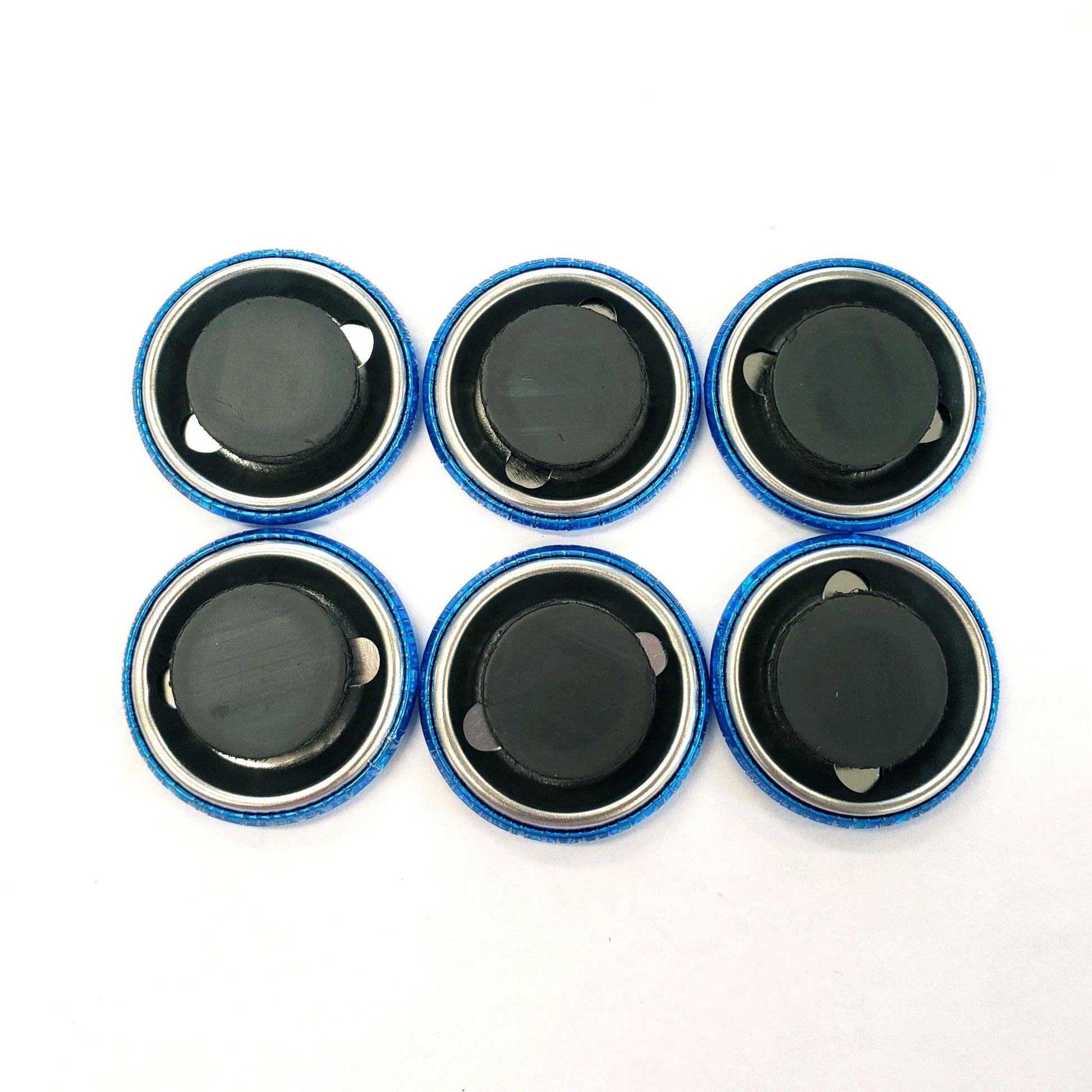 Set of 6 Blue Round Button Fridge Magnet Set, black metal gift tin included