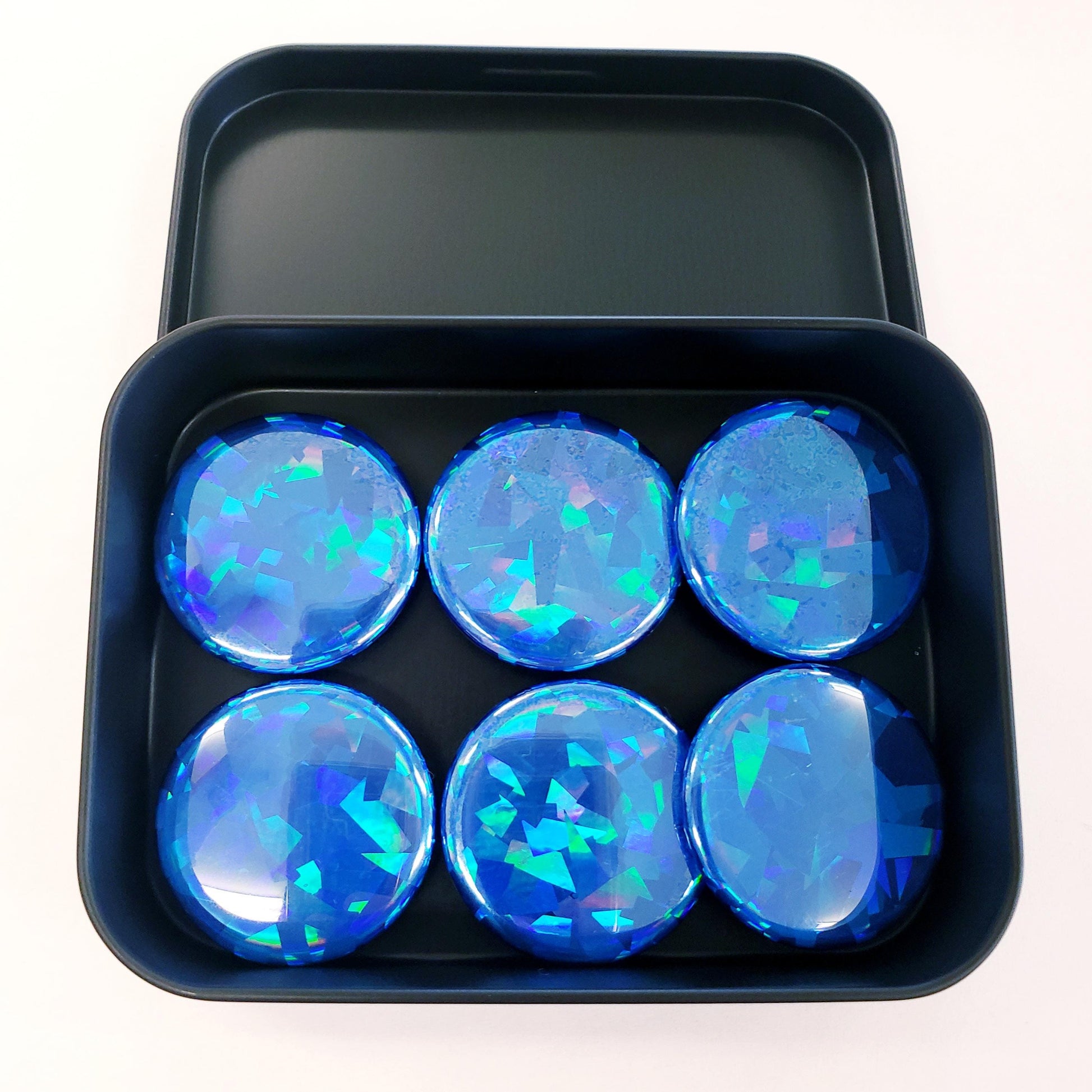 Set of 6 Blue Round Button Fridge Magnet Set, black metal gift tin included