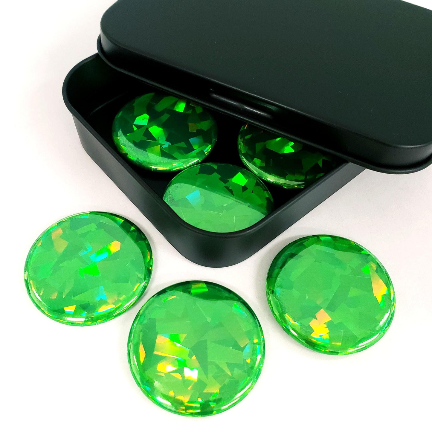 Set of 6 Green Round Button Fridge Magnet Set, black metal gift tin included