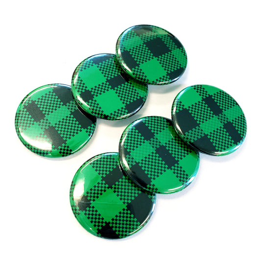 Set of 6 Green and Black Plaid Pattern Round Button Fridge Magnet Set, black metal tin included