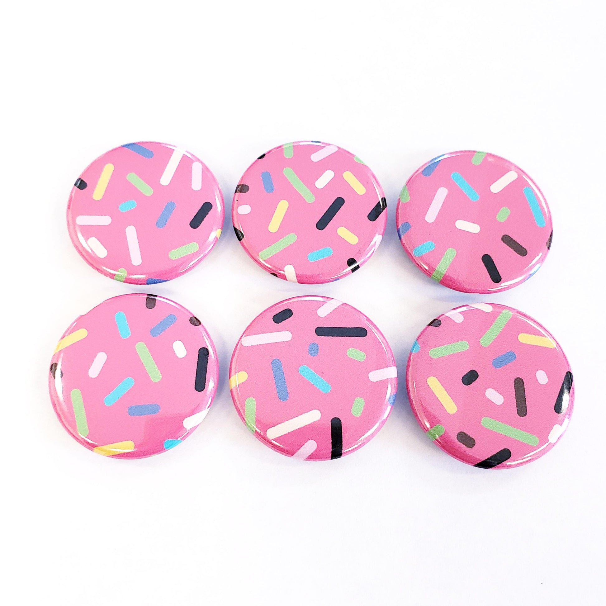 Set of 6 Cute Pink Cupcake Sprinkles Round Button Fridge Magnet Set, black metal tin included