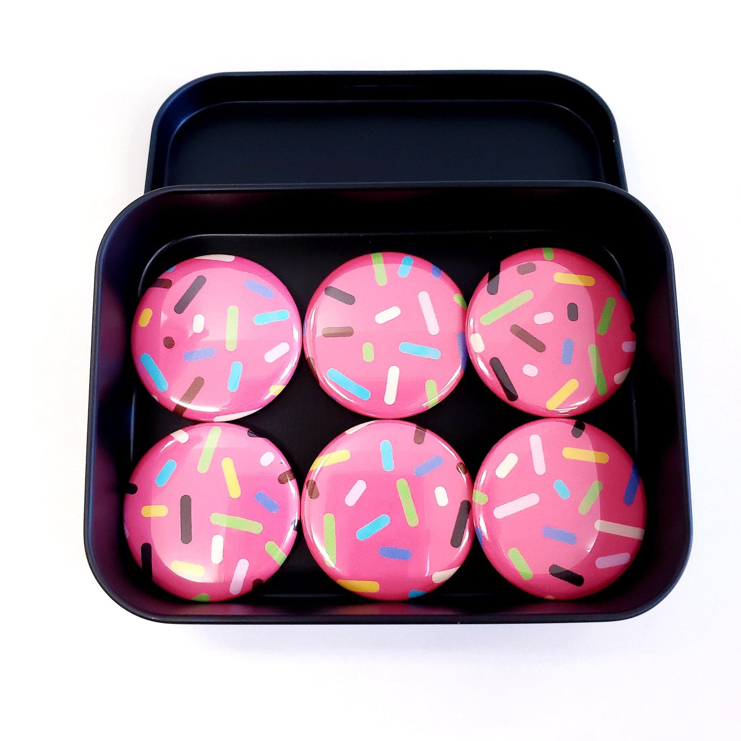 Set of 6 Cute Pink Cupcake Sprinkles Round Button Fridge Magnet Set, black metal tin included