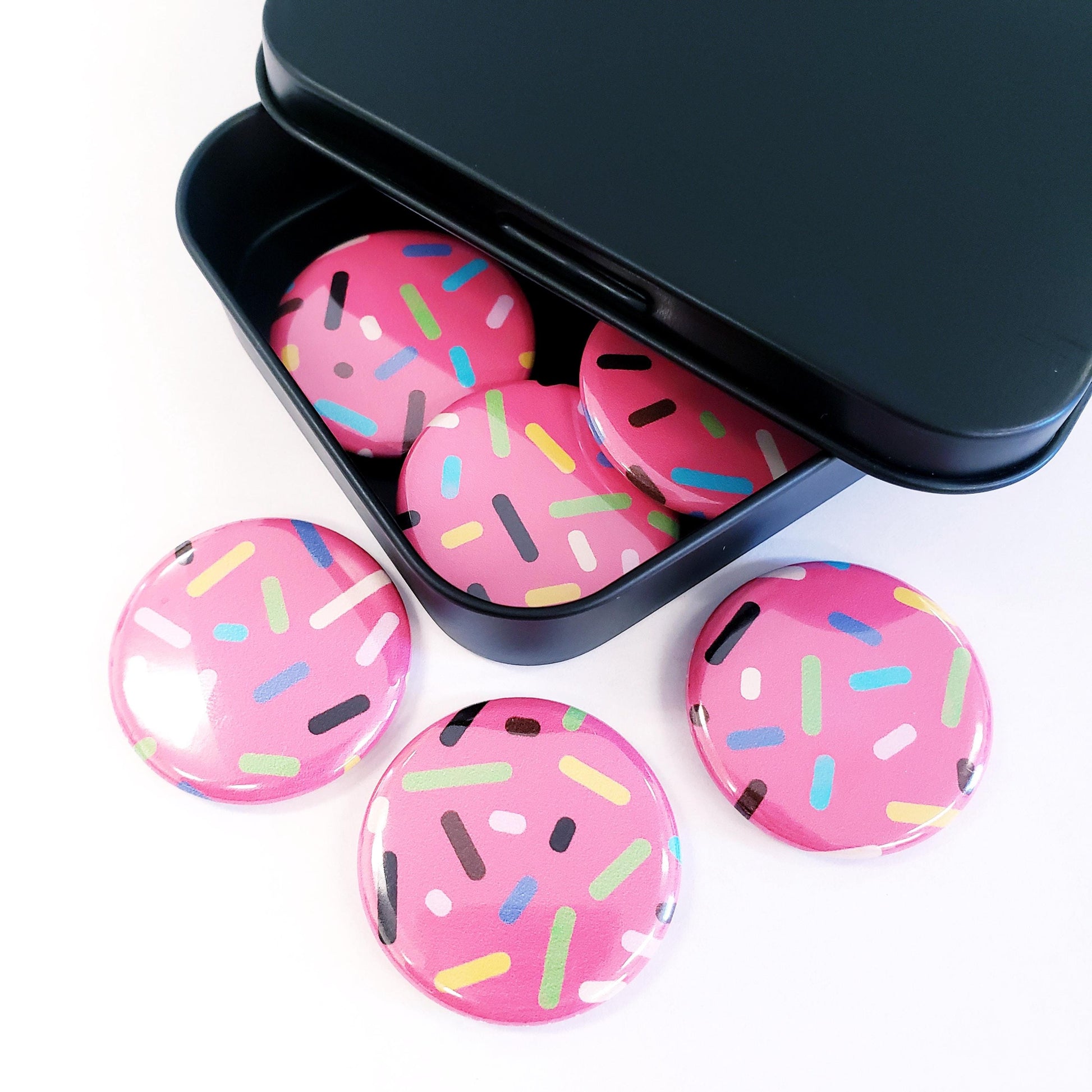 Set of 6 Cute Pink Cupcake Sprinkles Round Button Fridge Magnet Set, black metal tin included