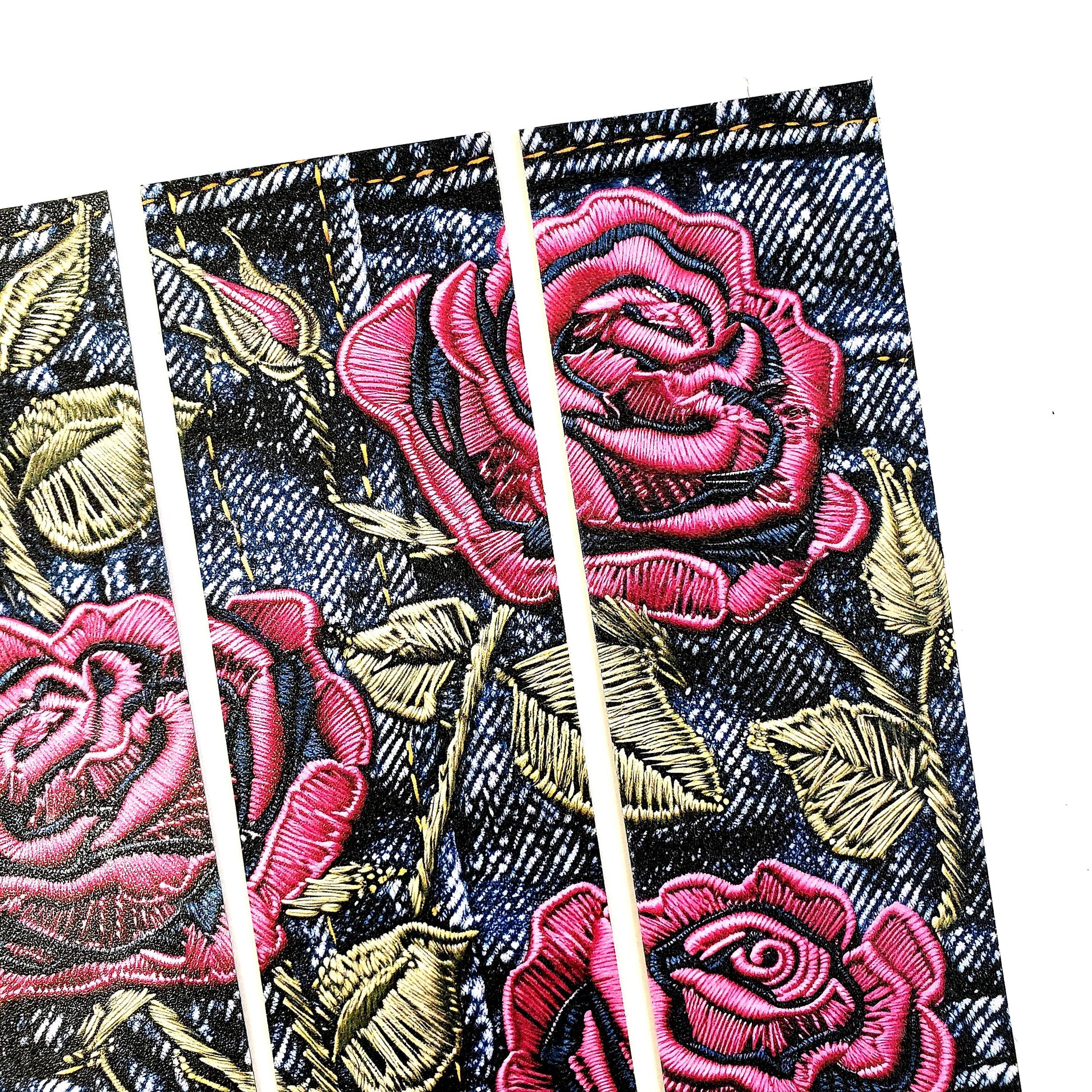 Rose and Denim Bookmarks, set of 3 laminated printed bookmarks with pink embroidered flowers on blue jeans, bookish gift for avid readers.