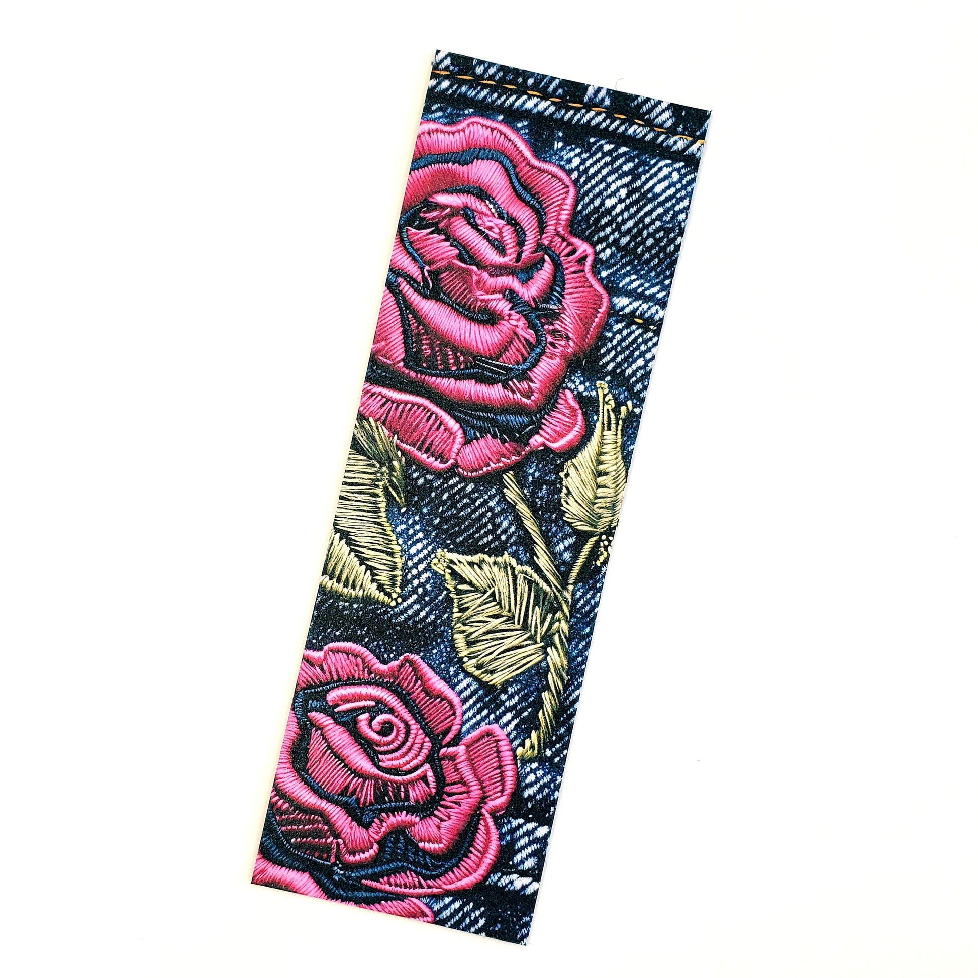 Rose and Denim Bookmarks, set of 3 laminated printed bookmarks with pink embroidered flowers on blue jeans, bookish gift for avid readers.