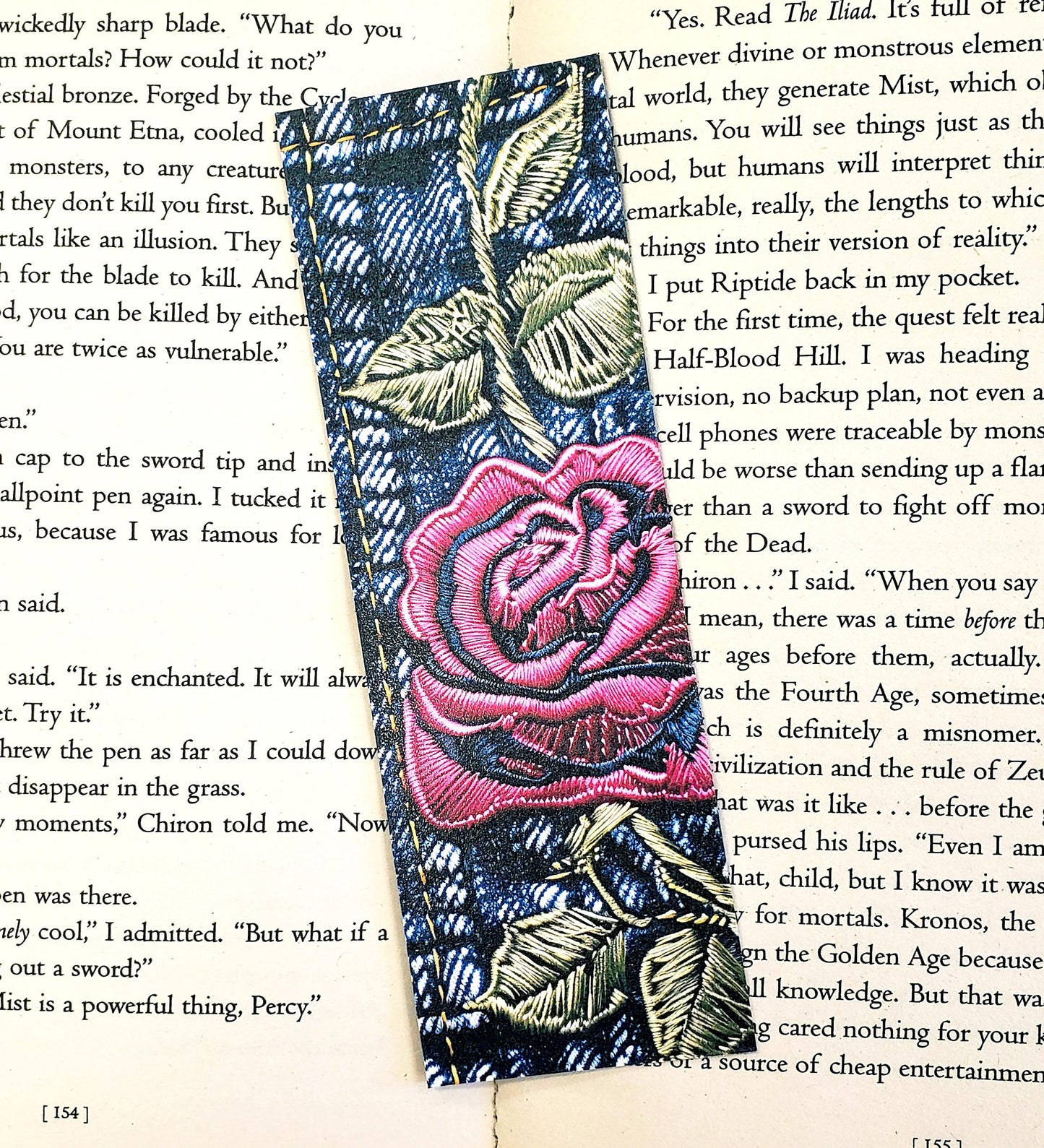 Rose and Denim Bookmarks, set of 3 laminated printed bookmarks with pink embroidered flowers on blue jeans, bookish gift for avid readers.