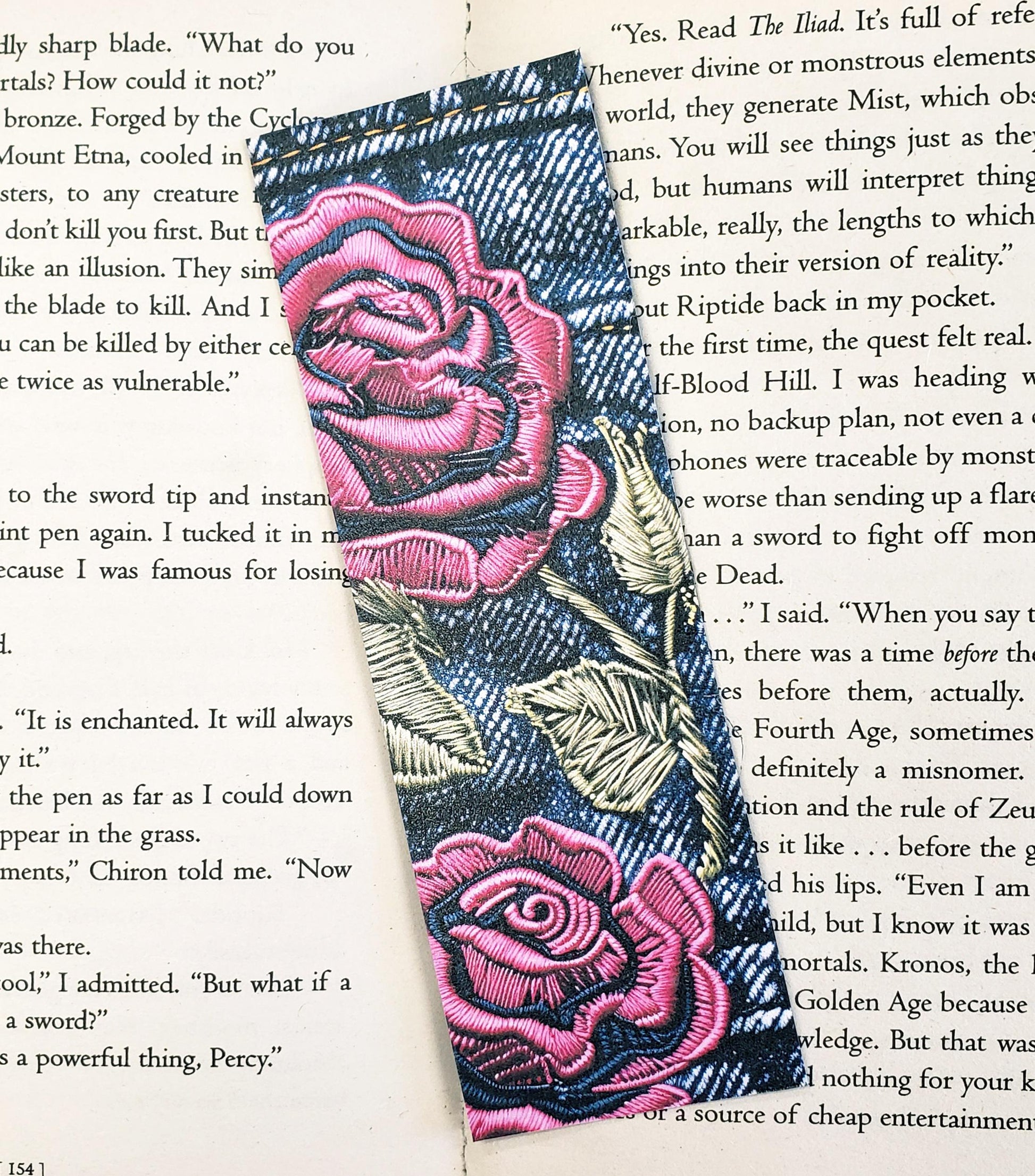 Rose and Denim Bookmarks, set of 3 laminated printed bookmarks with pink embroidered flowers on blue jeans, bookish gift for avid readers.