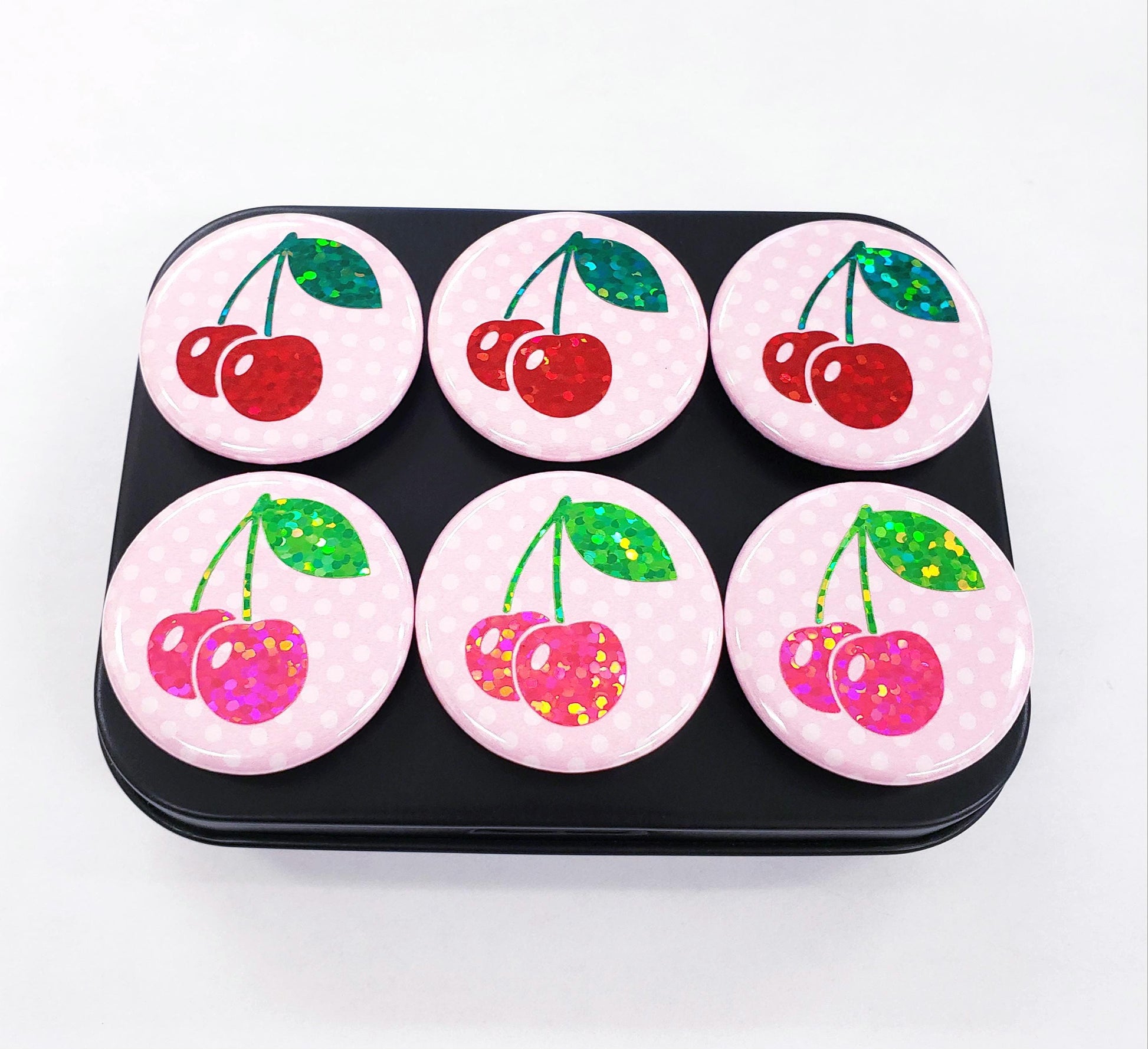 Cherry Fridge Magnets, Set of 6 round magnets for message boards and calendars, includes black metal container with lid, cute retro style.