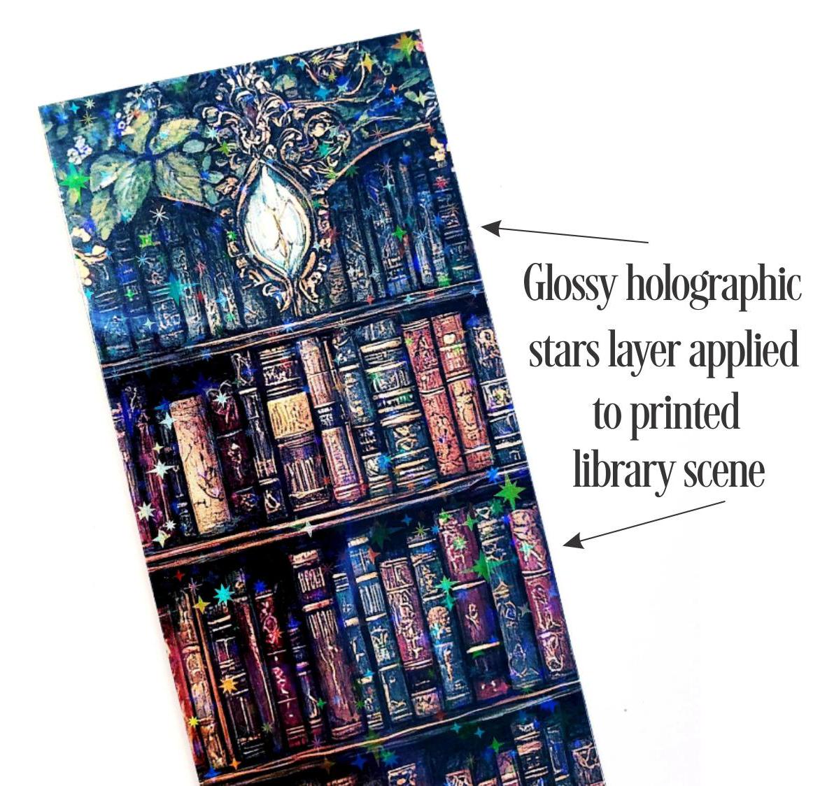 Enchanted Library Bookmarks, set of 3 laminated gothic bookmarks with mystical bookshelf design, bookish gift for avid readers.