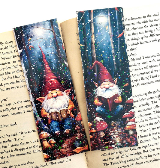 Gnome Bookmarks, set of 2 laminated printed bookmarks, cute gnome with mushrooms reading book, cottagecore bookish gift for fantasy readers.