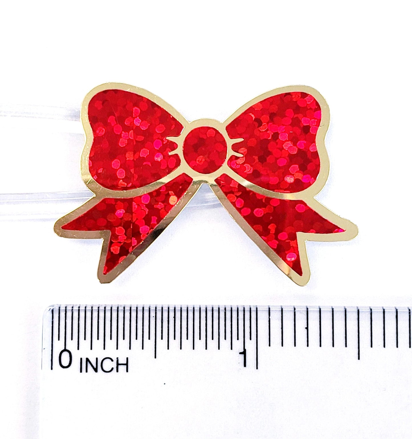 Red Christmas Bow Stickers, set of 18 small sparkly ribbons for cards, journals, ornaments, laptops and craft projects, each 1.5 inches.