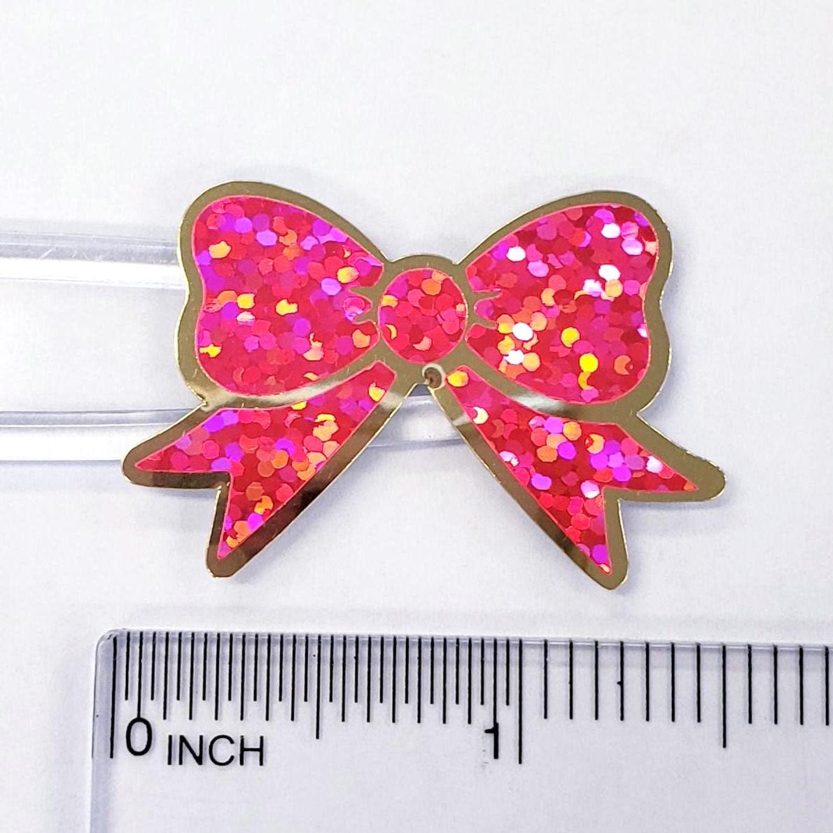 Pink Bow Stickers, set of 18 small sparkly coquette ribbons for cards, journals, ornaments, laptops and craft projects, each 1.5 inches.