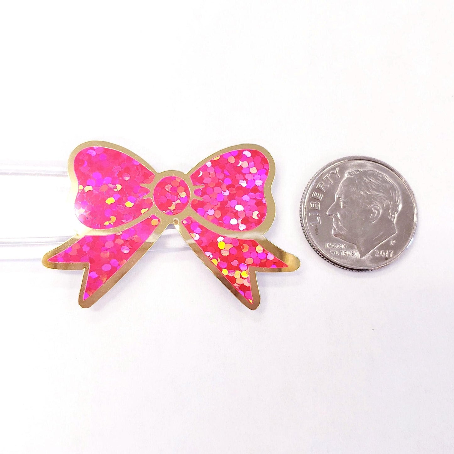 Pink Bow Stickers, set of 18 small sparkly coquette ribbons for cards, journals, ornaments, laptops and craft projects, each 1.5 inches.