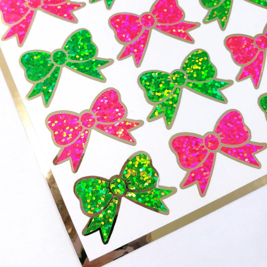 Pink and Green Bow Stickers, set of 18 small sparkly coquette ribbons for cards, journals, ornaments, laptops and projects, each 1.5 inches.