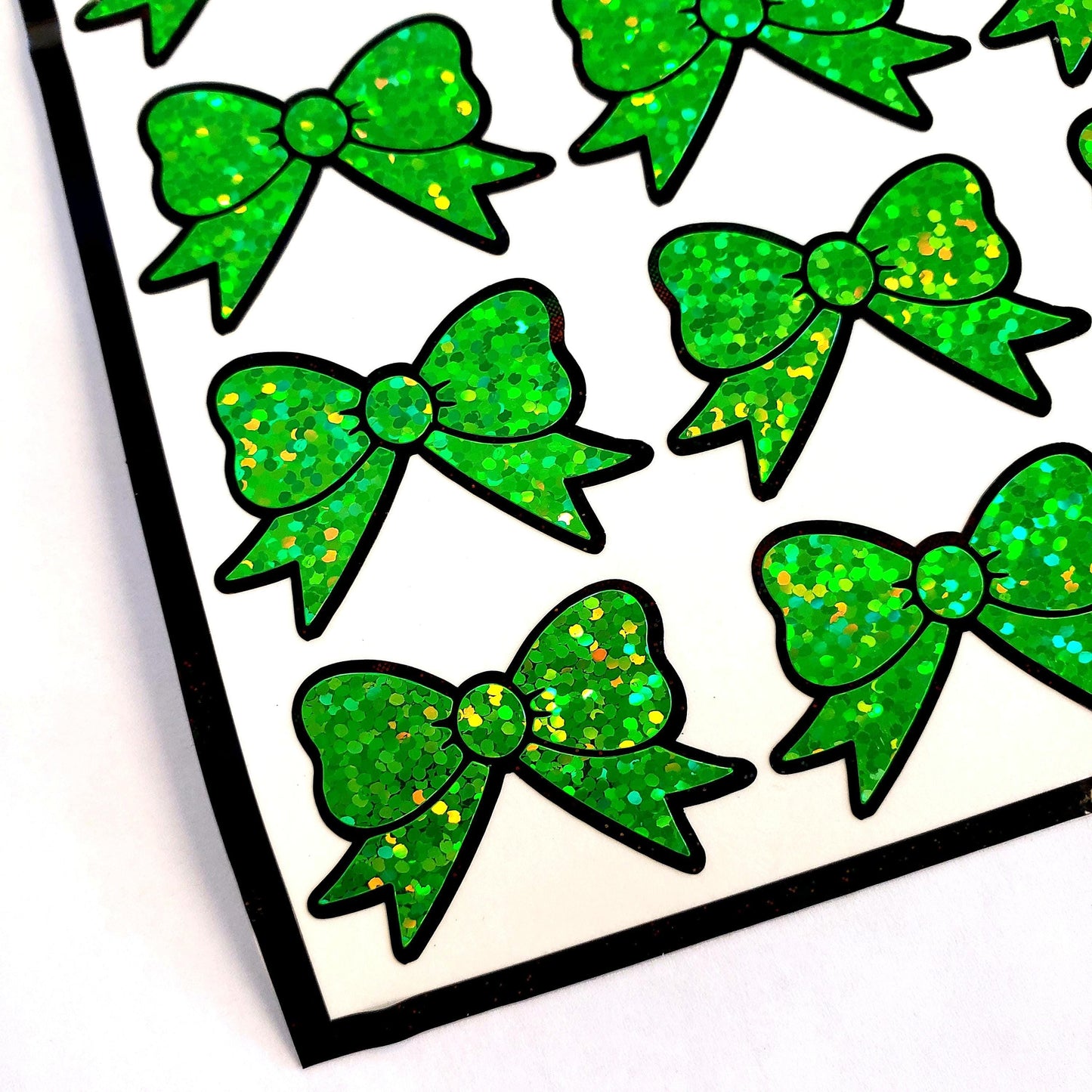 Wicked Cute Green Bow Stickers, set of 18 sparkly coquette ribbons for cards, journals, ornaments, laptops and projects, each 1.5 inches.