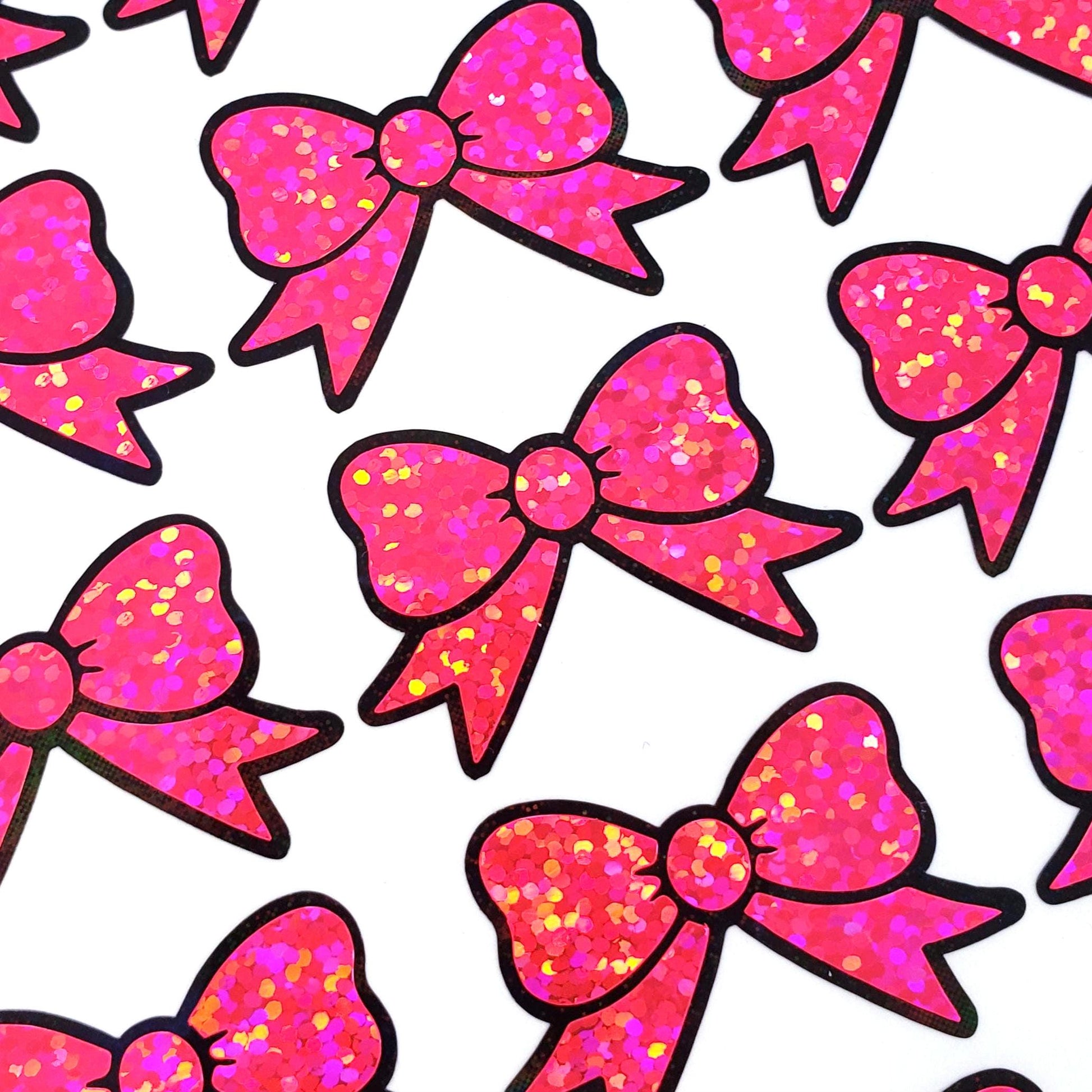 Wicked Cute Pink Bow Stickers, set of 18 sparkly coquette ribbons for cards, journals, ornaments, laptops and projects, each 1.5 inches.