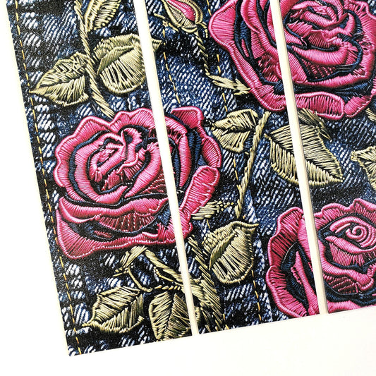 set of 3 printed bookmarks with a hot pink and denim pattern.