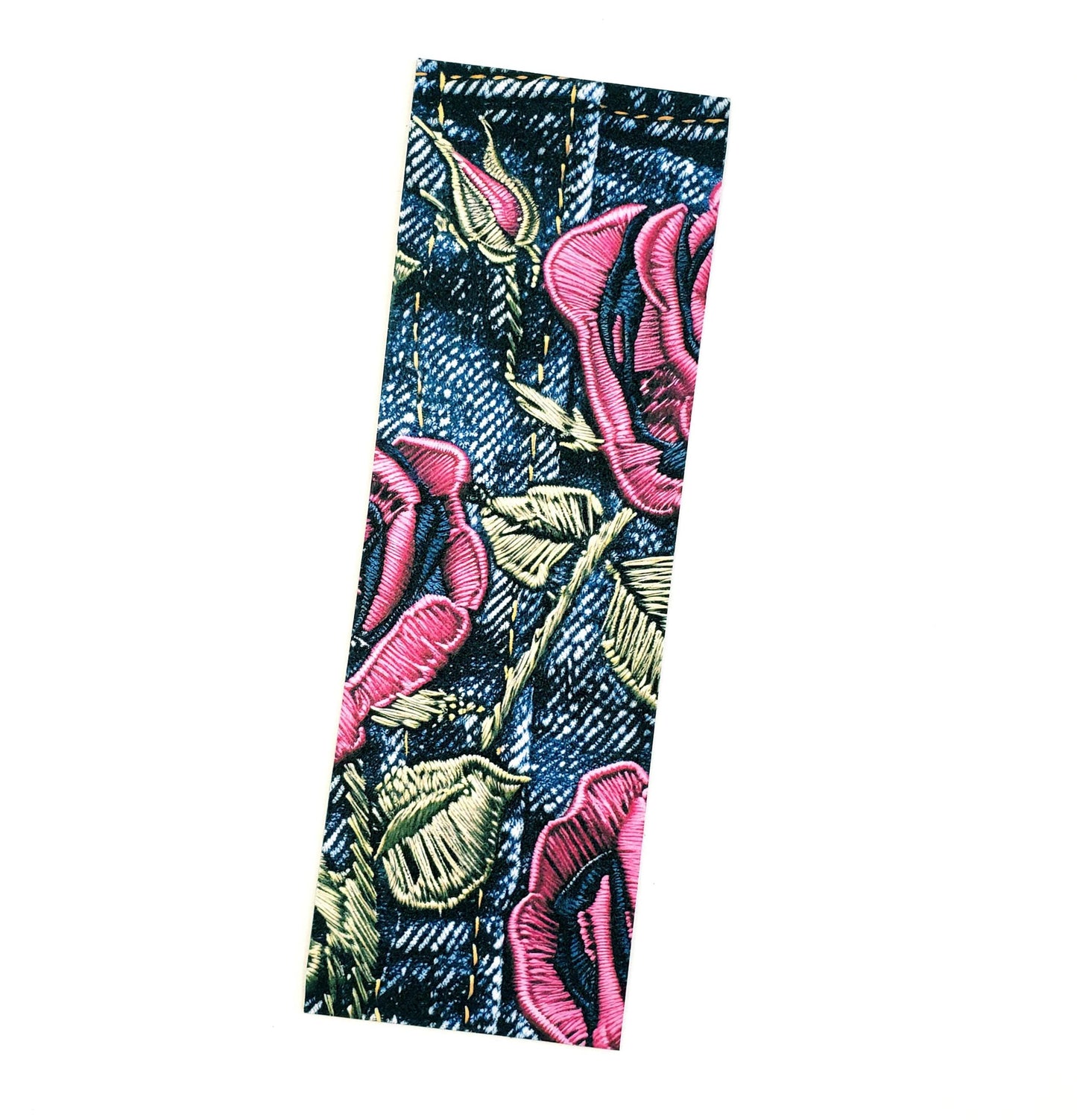 Rose and Denim Bookmarks, set of 3 laminated printed bookmarks with pink embroidered flowers on blue jeans, bookish gift for avid readers.