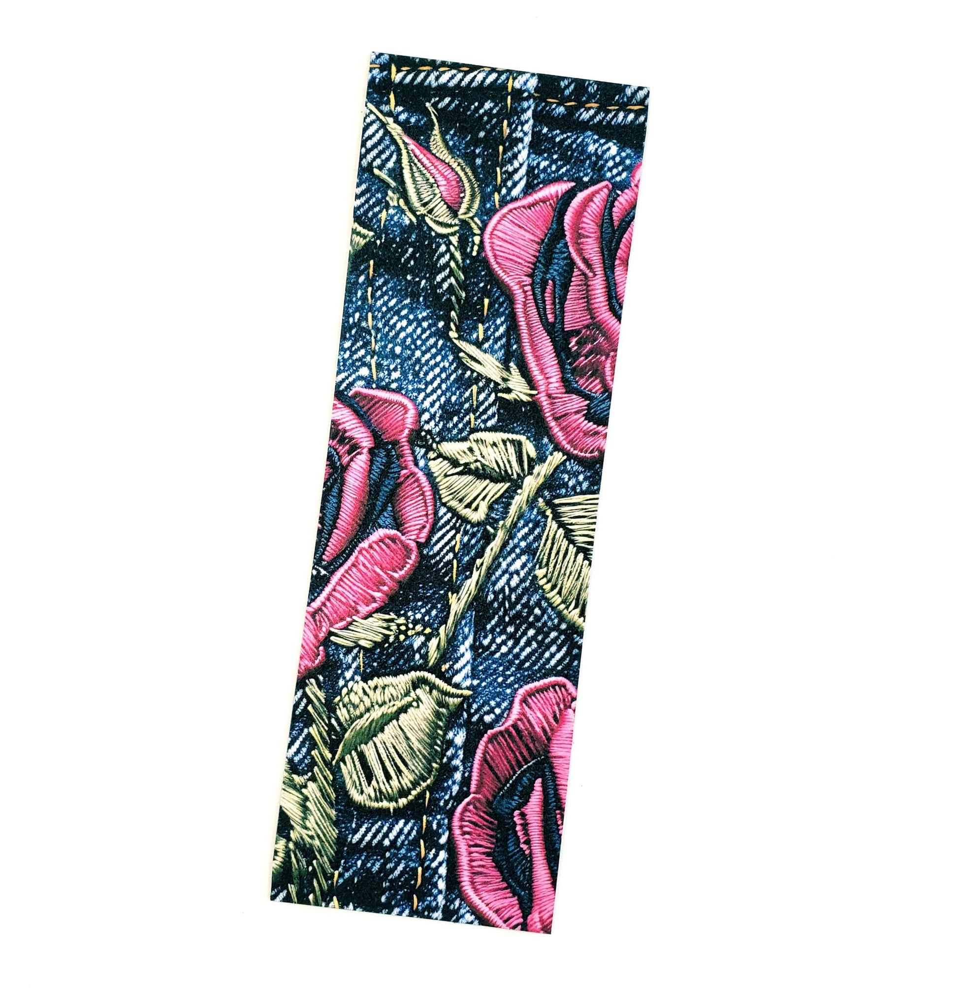 Rose and Denim Bookmarks, set of 3 laminated printed bookmarks with pink embroidered flowers on blue jeans, bookish gift for avid readers.