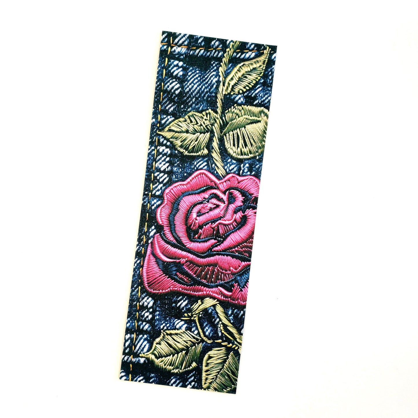 Rose and Denim Bookmarks, set of 3 laminated printed bookmarks with pink embroidered flowers on blue jeans, bookish gift for avid readers.