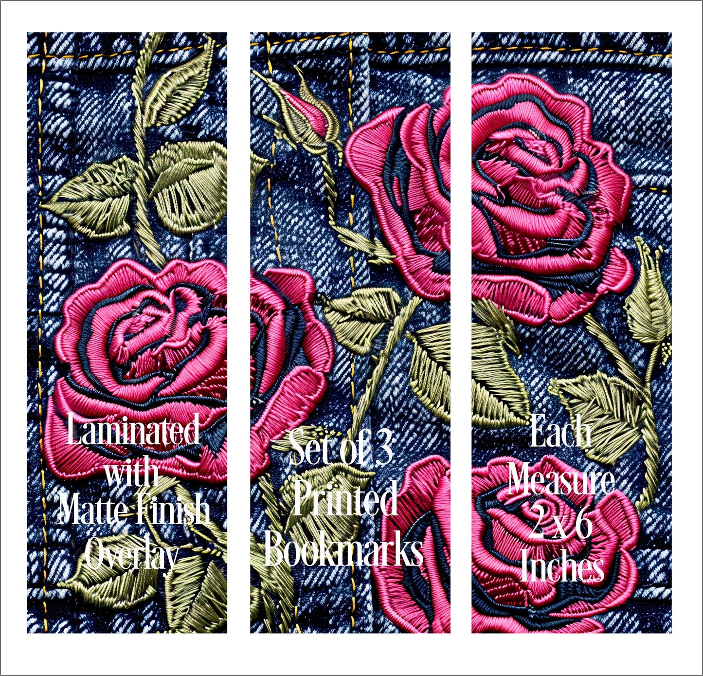 Rose and Denim Bookmarks, set of 3 laminated printed bookmarks with pink embroidered flowers on blue jeans, bookish gift for avid readers.