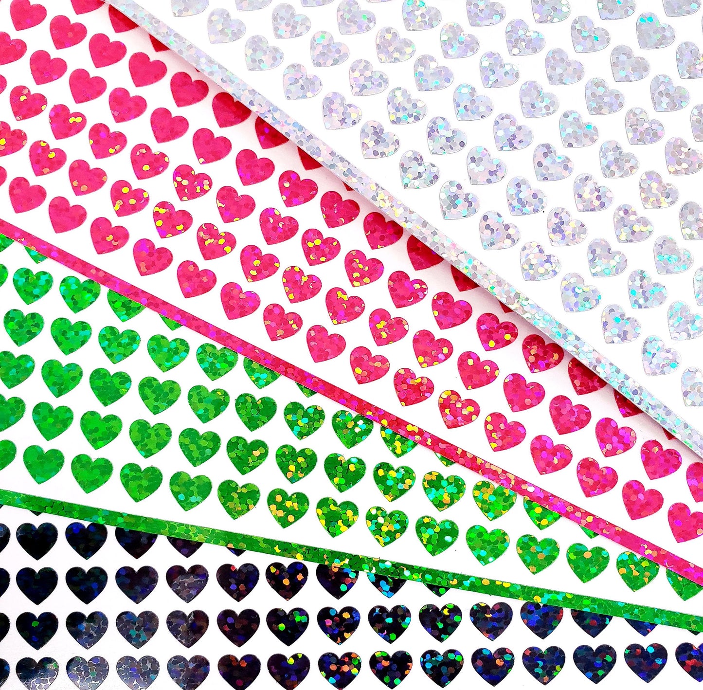 Heart Sticker Bundle, set of 1140 wicked sparkly hearts in black, green, pink and silver.