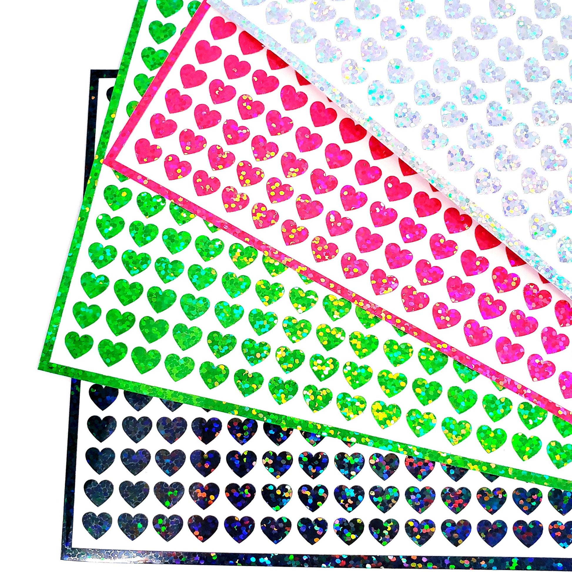 Heart Sticker Bundle, set of 1140 wicked sparkly hearts in black, green, pink and silver for planners, goal charts, journals and stationery.