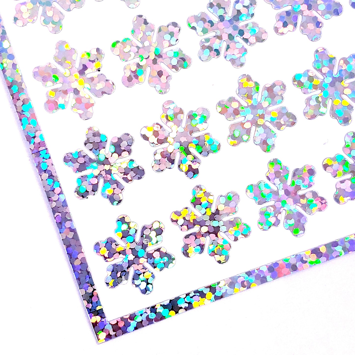 Silver Snowflake Stickers, set of 56 sparkly snow embellishments for Christmas gift tags, winter decor and holiday cards. Size of each 3/4"