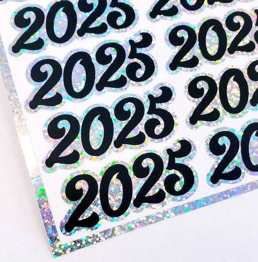 Happy New Year 2025 Stickers, New Year's Eve or Class of 2025, silver and black wine glass, scrapbook or party invitation envelope stickers