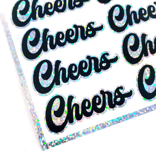 Cheers Stickers for wine glasses, scrapbook pages, junk journals or party invitation envelope stickers. Black and silver sparkly labels.