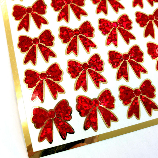 Red Christmas Bow Stickers, set of 40 small sparkly ribbons for holiday card envelopes, journals, ornaments, gift tags and craft projects