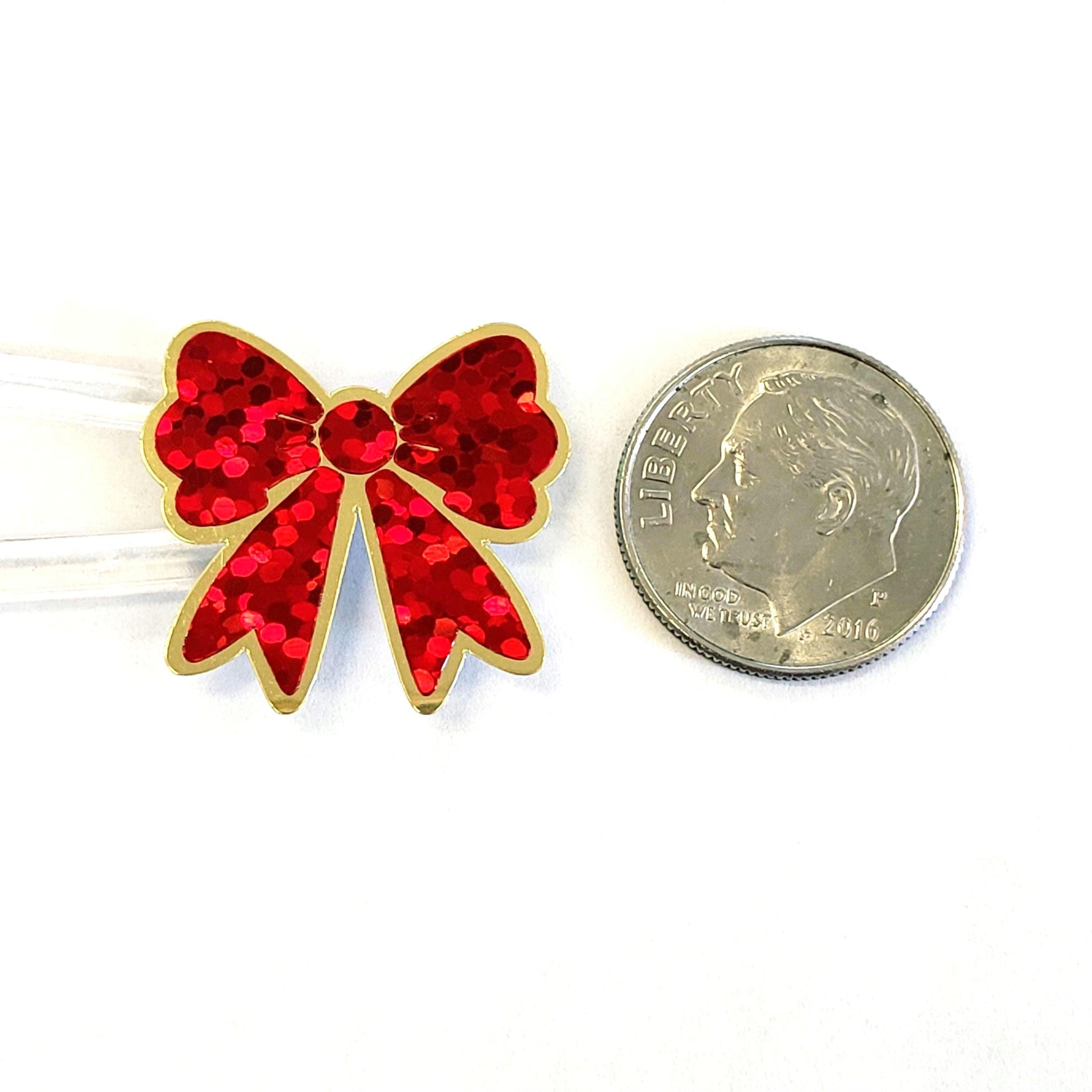 Red Christmas Bow Stickers, set of 40 small sparkly ribbons for holiday card envelopes, journals, ornaments, gift tags and craft projects