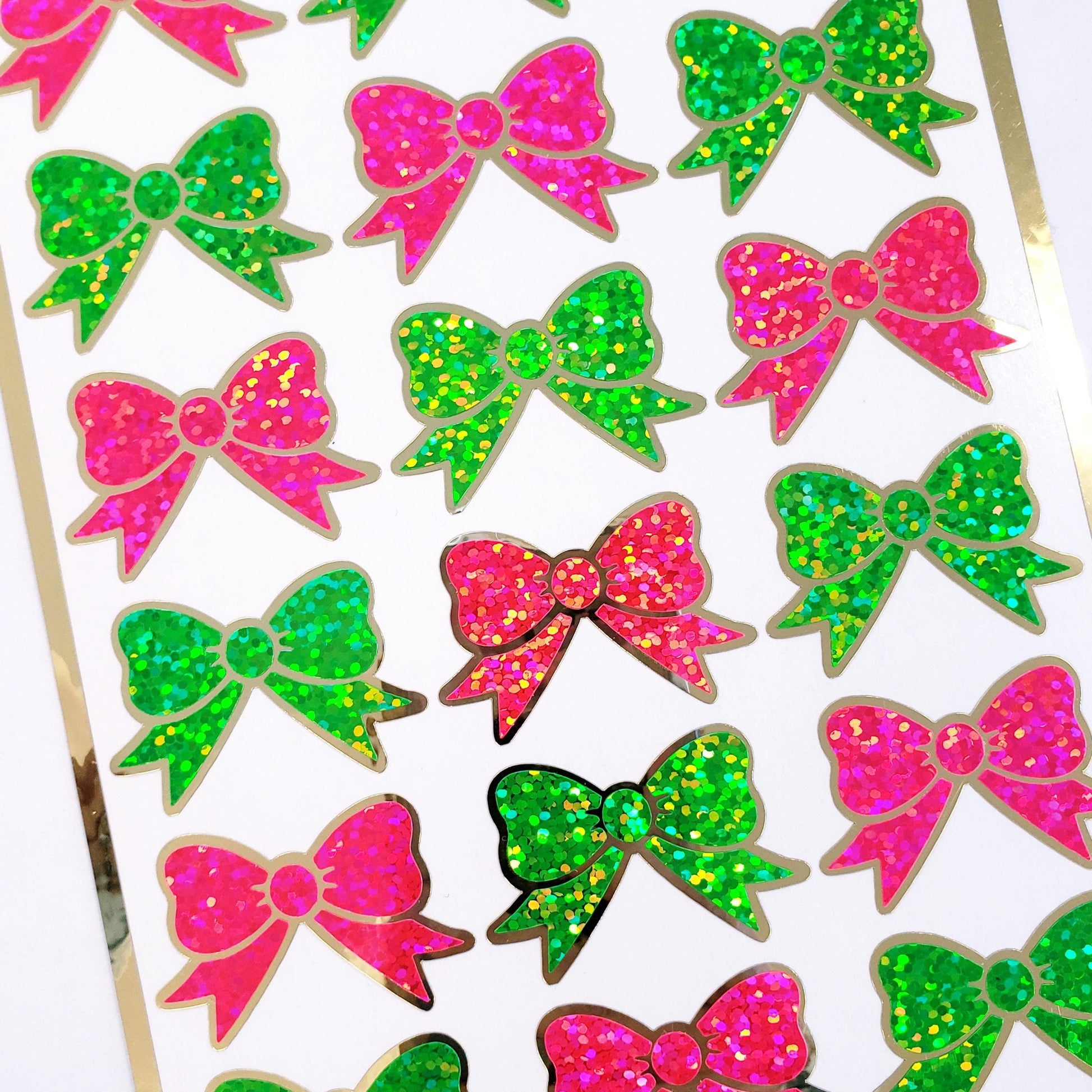 Pink and Green Bow Stickers, set of 18 small sparkly coquette ribbons for cards, journals, ornaments, laptops and projects, each 1.5 inches.