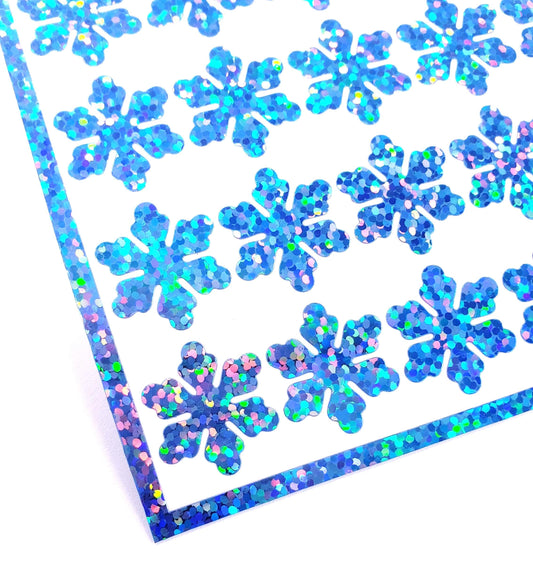 Light Blue Snowflake Stickers, set of 56 sparkly snow embellishments for holiday gift tags, winter decor and cards. Size of each 3/4"