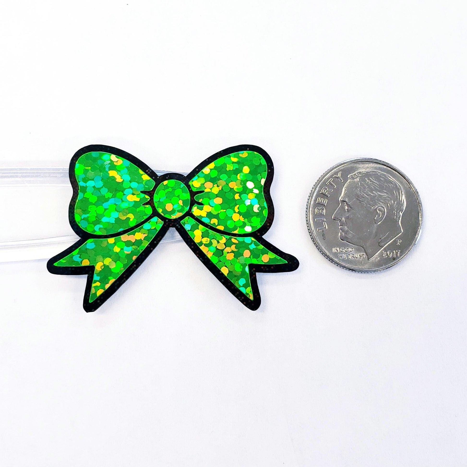 Wicked Cute Green Bow Stickers, set of 18 sparkly coquette ribbons for cards, journals, ornaments, laptops and projects, each 1.5 inches.