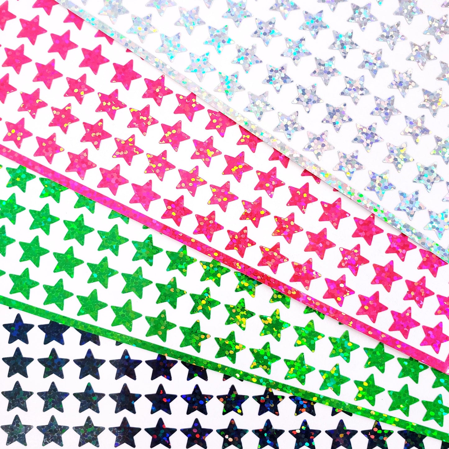 Star Sticker Bundle, set of 768 wicked sparkly stars in green, black, pink and silver, embellishments for journals, notebooks, and crafts.