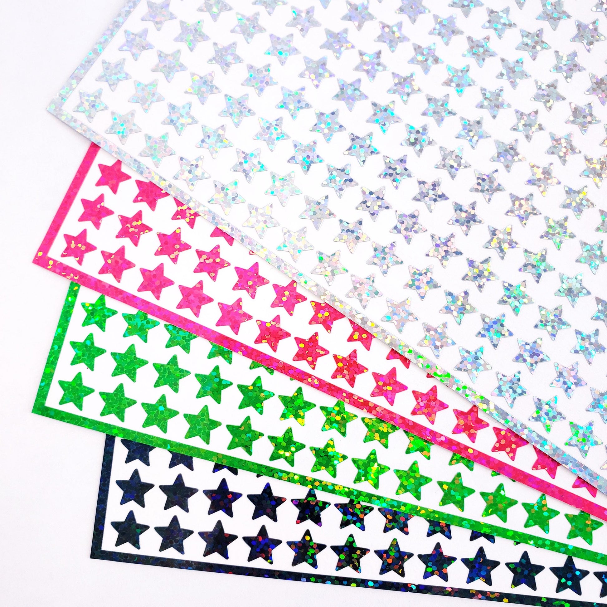 Star Sticker Bundle, set of 768 wicked sparkly stars in green, black, pink and silver, embellishments for journals, notebooks, and crafts.