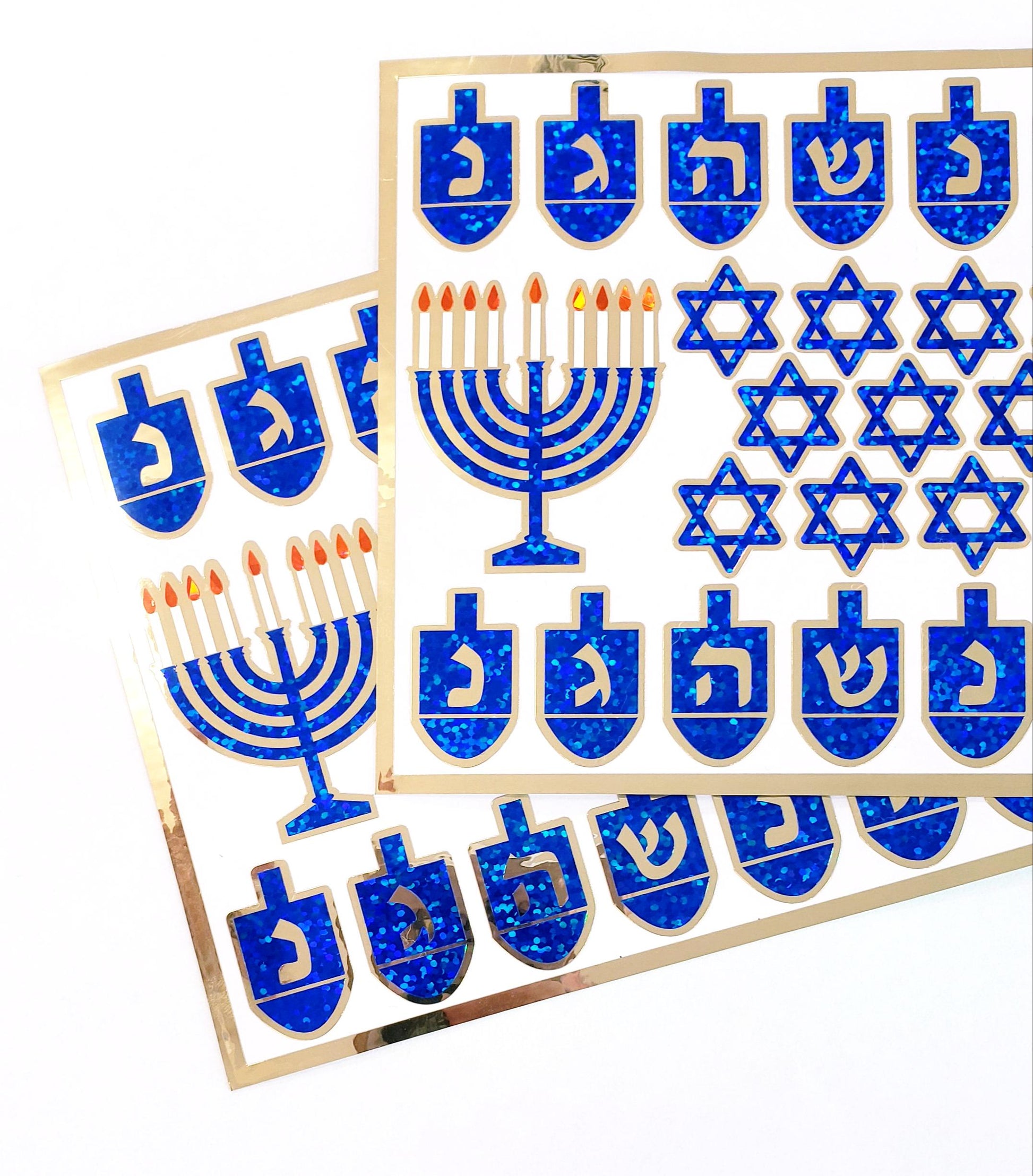 Hanukkah Sticker Sheet – Blue Glitter Dreidels, Menorahs, & Stars of David with Gold Outline – Peel and Stick Holiday Decorations