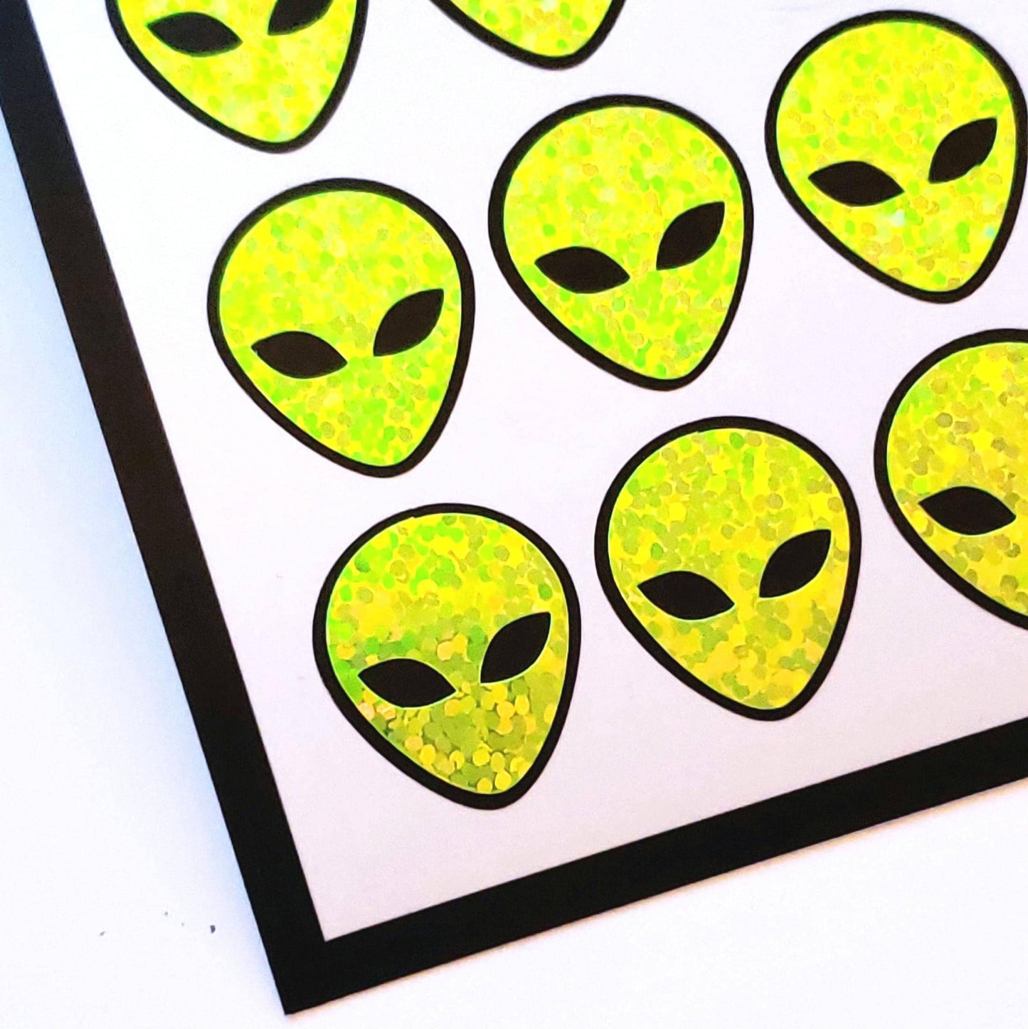 Alien Head Stickers, set of 42 sparkly space alien stickers for cards, invitations journals and scrapbook pages.