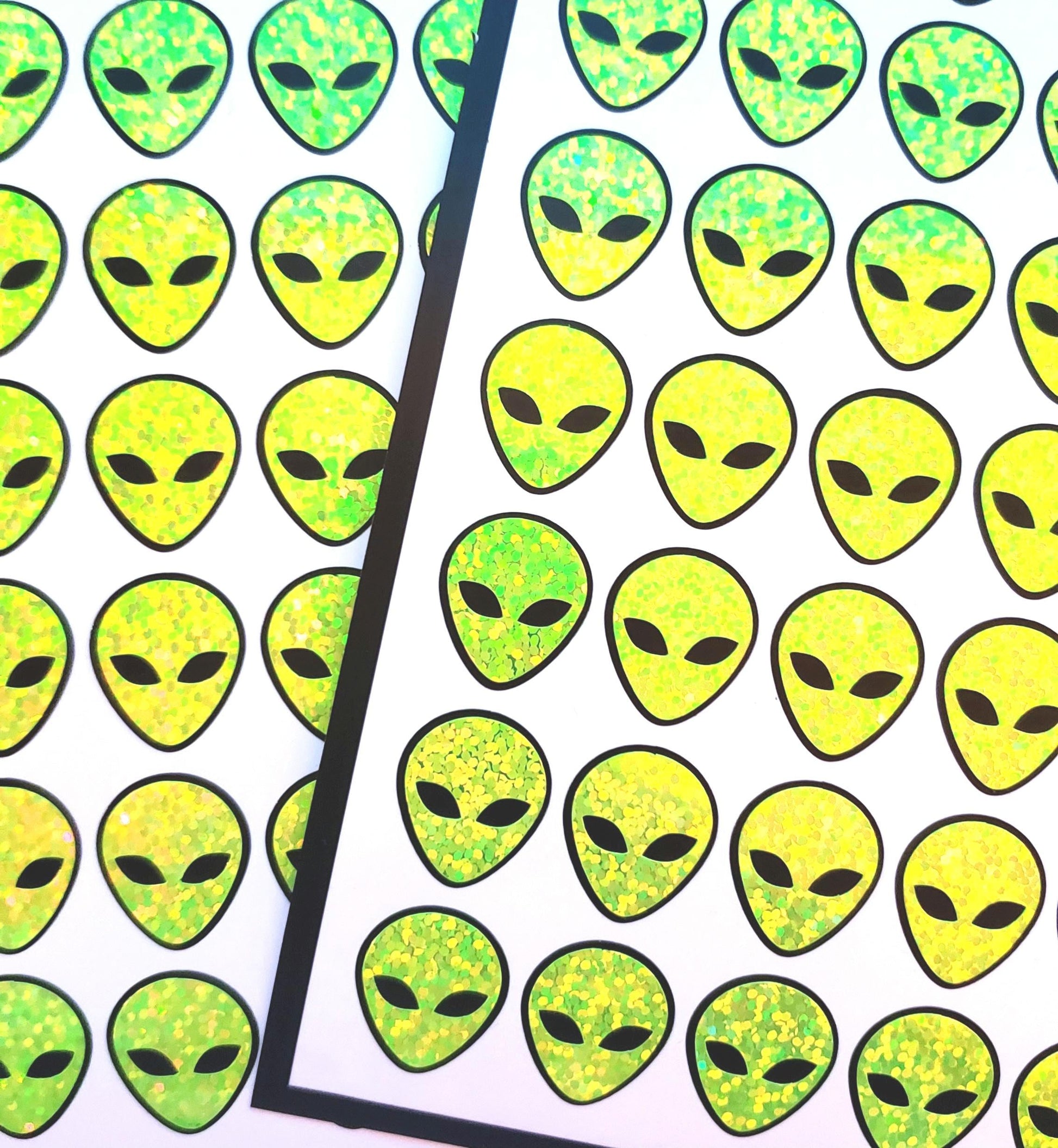 Alien Head Stickers, set of 42 sparkly space alien stickers for cards, invitations journals and scrapbook pages.