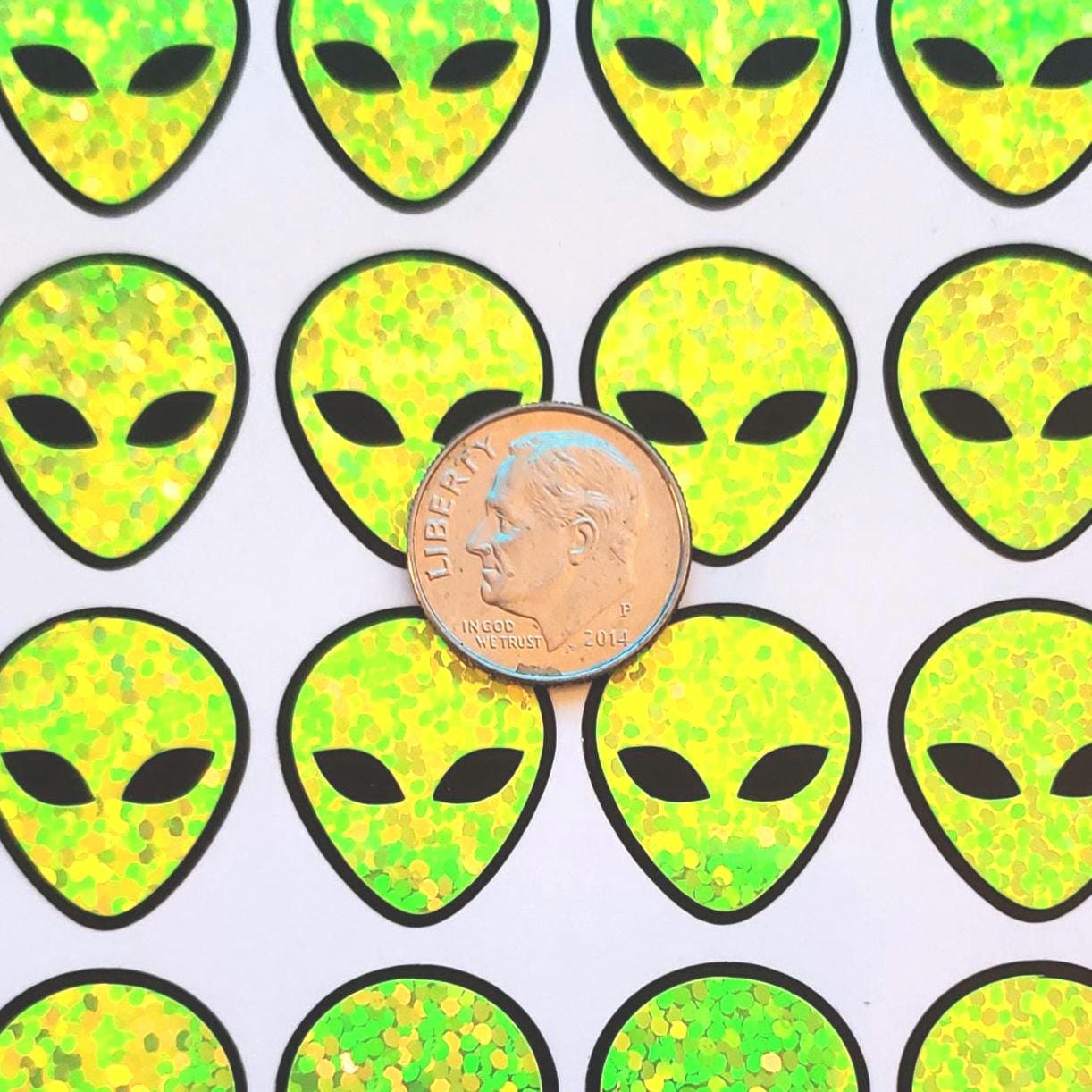 Alien Head Stickers, set of 42 sparkly space alien stickers for cards, invitations journals and scrapbook pages.