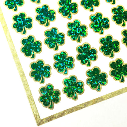 St. Patrick's Day Shamrock Stickers, set of 48 decorative sparkly green and gold clover stickers for planners, signs and craft projects