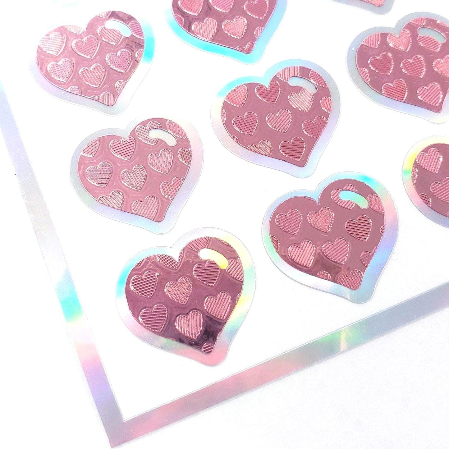 Pink Heart Stickers for Valentine's Day, set of 60 small heart decals for cards, envelopes, junk journals, and scrapbook embellishments.