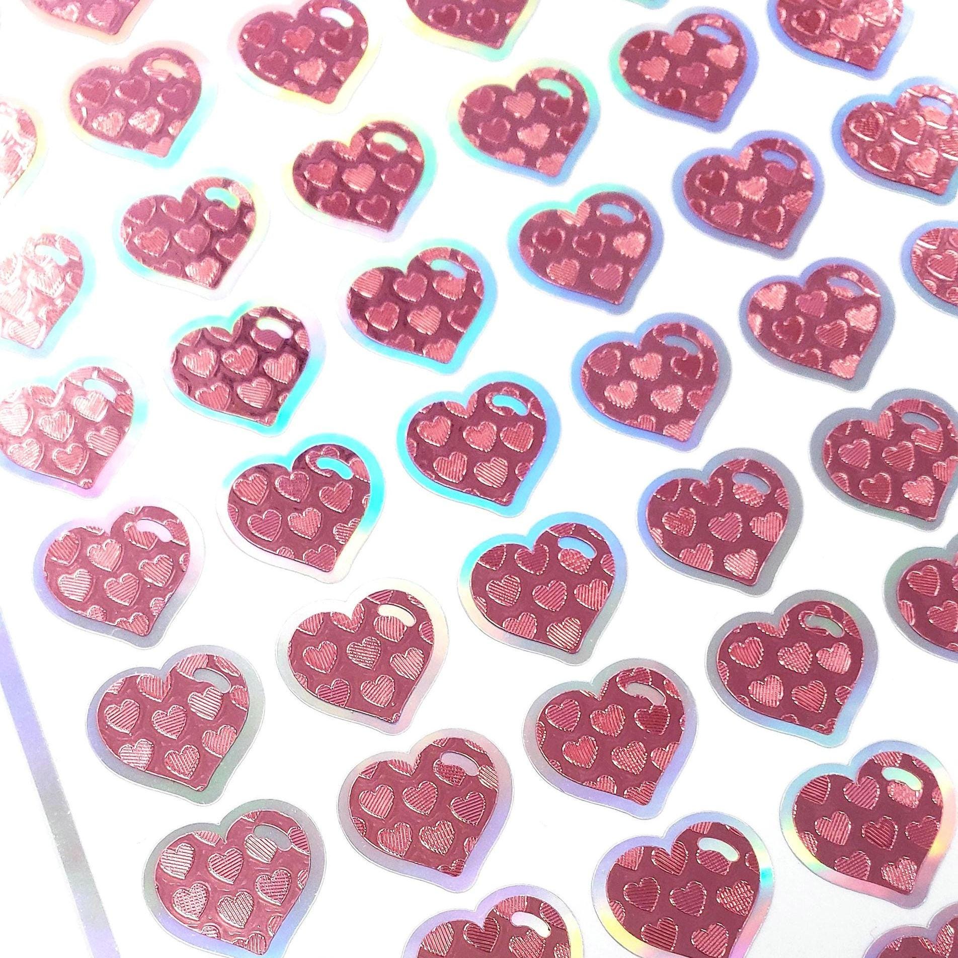 Pink Heart Stickers for Valentine's Day, set of 60 small heart decals for cards, envelopes, junk journals, and scrapbook embellishments.