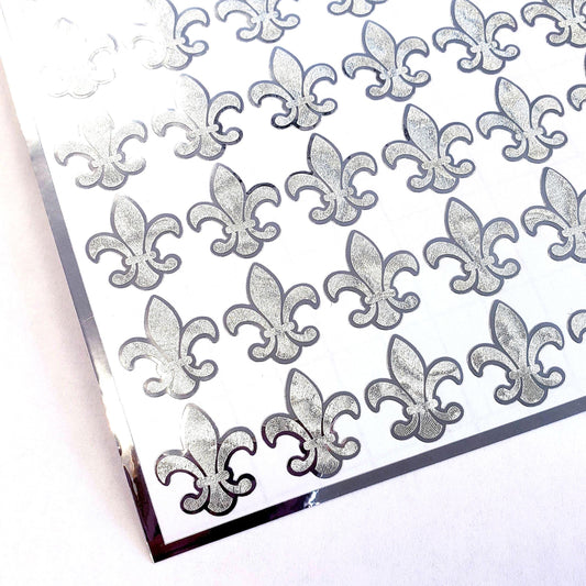 Silver Fleur de Lis stickers for Mardi Gras, Set of 48 Elegant French Flower Stickers for Weddings.